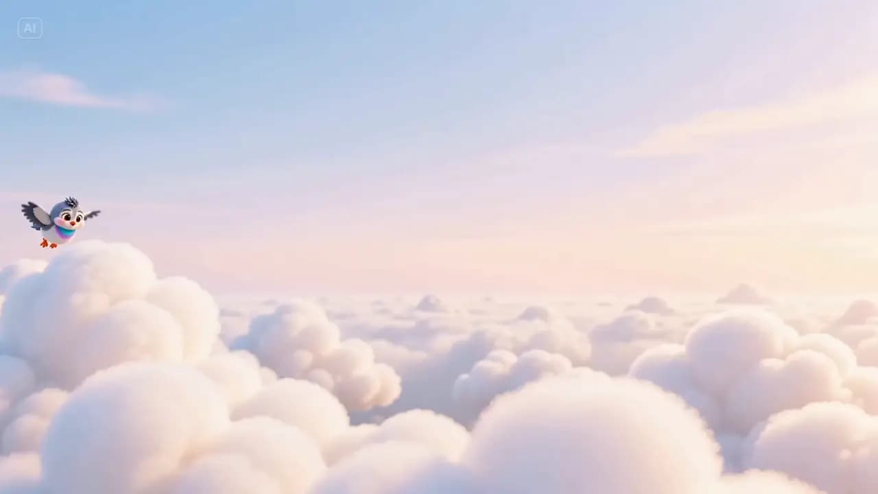 Perrie the pigeon above a sea of soft clouds at sunrise